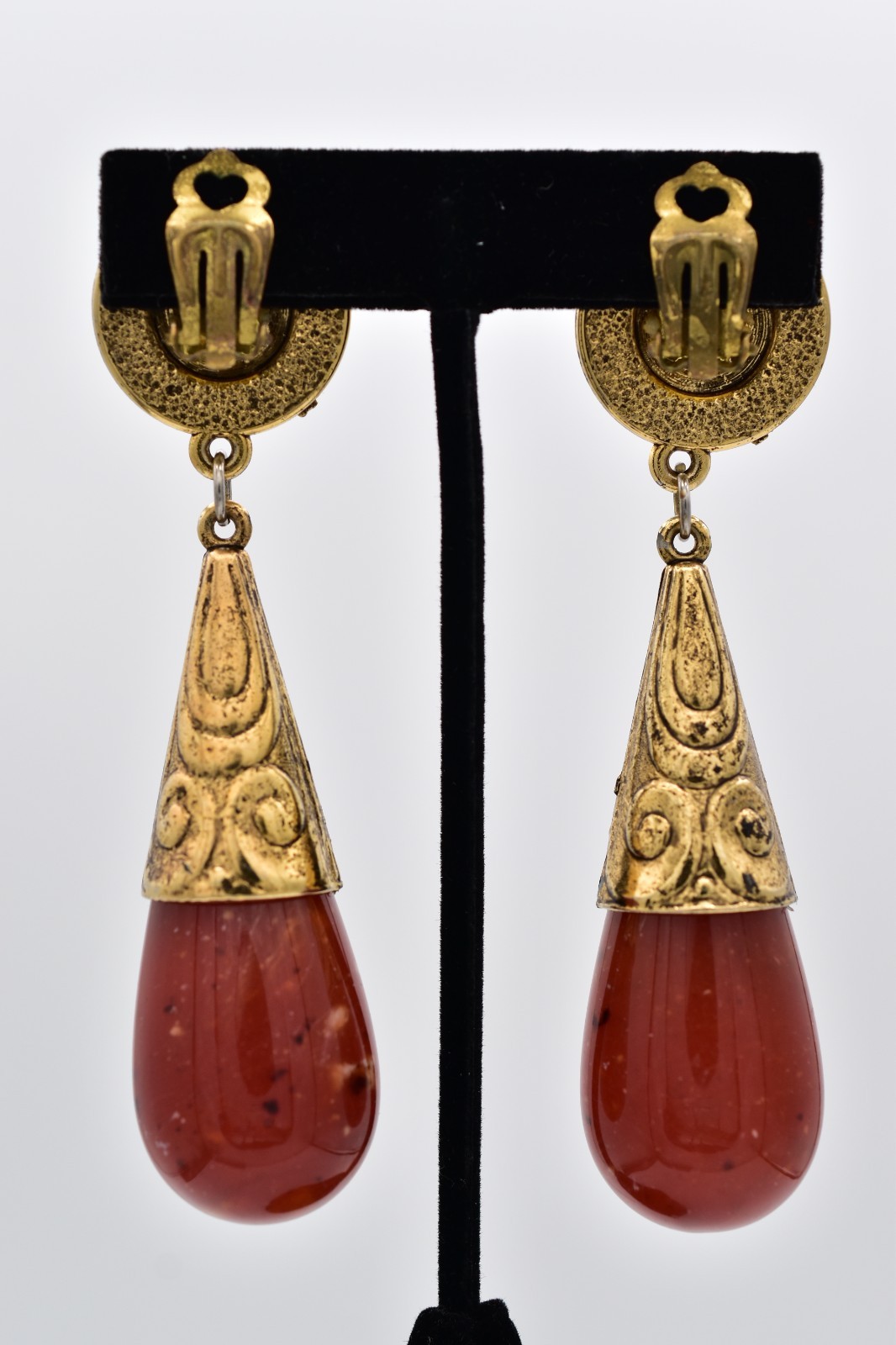 Vintage Gold Red Jasper Lucite Teardrop Clip On Earrings Boho Statement 80s BinH