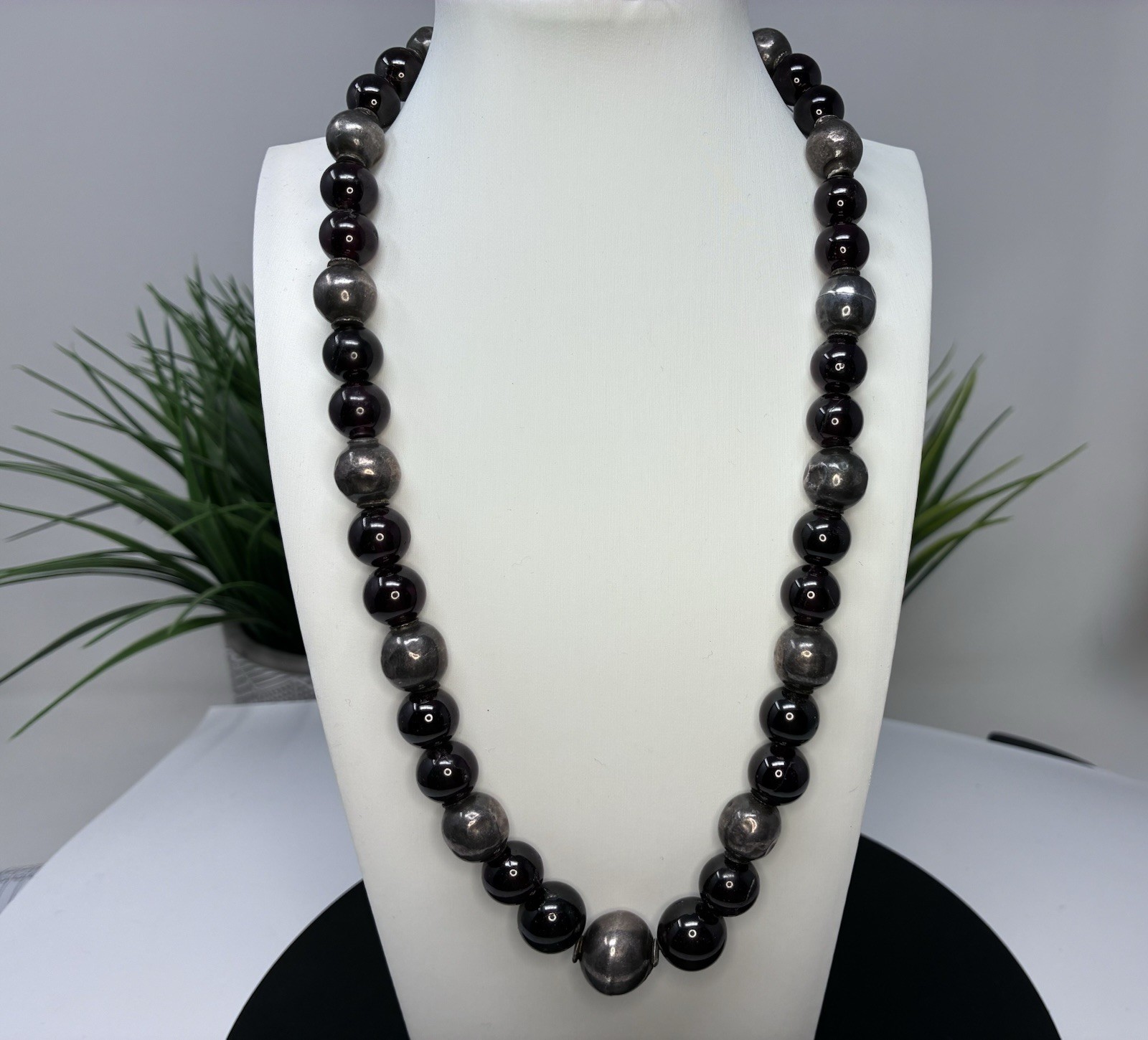 Vintage Beaded Necklace Deep Wine Glass And Artisan Silver Beads And Hook Clasp