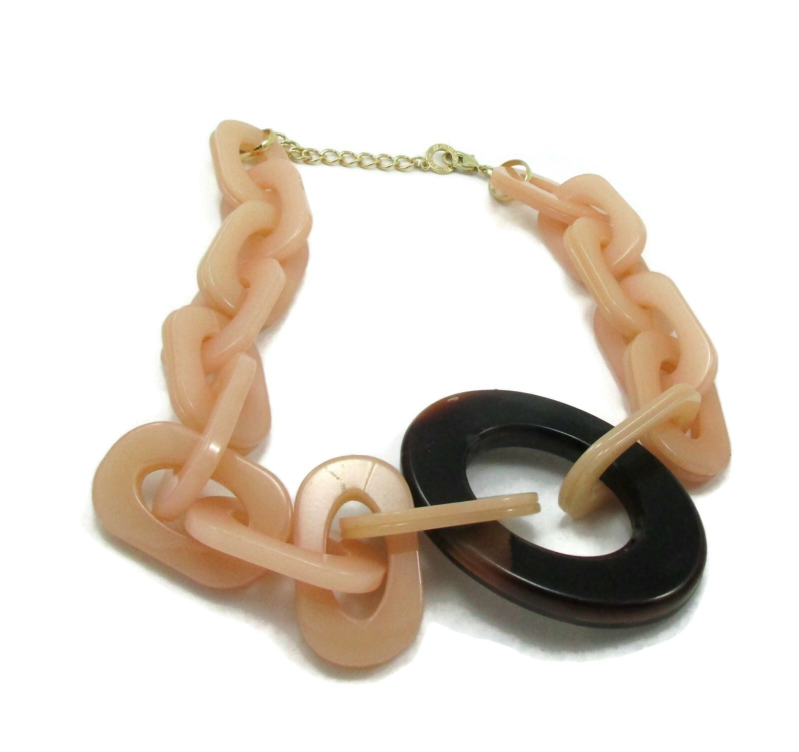 VINTAGE DENIS & CHARLES RUSH GOLD TONE CHUNKY PEACH BROWN MARBLED OVAL NECKLACE