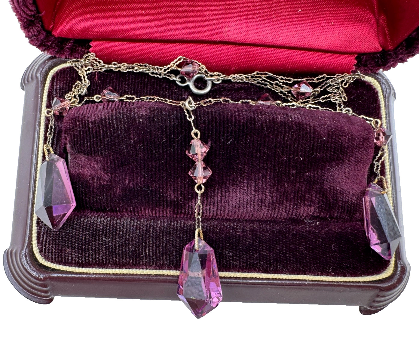VICTORIAN ANTIQUE STERLING SILVER FESTOON CHAIN NECKLACE PURPLE GLASS DANGLES