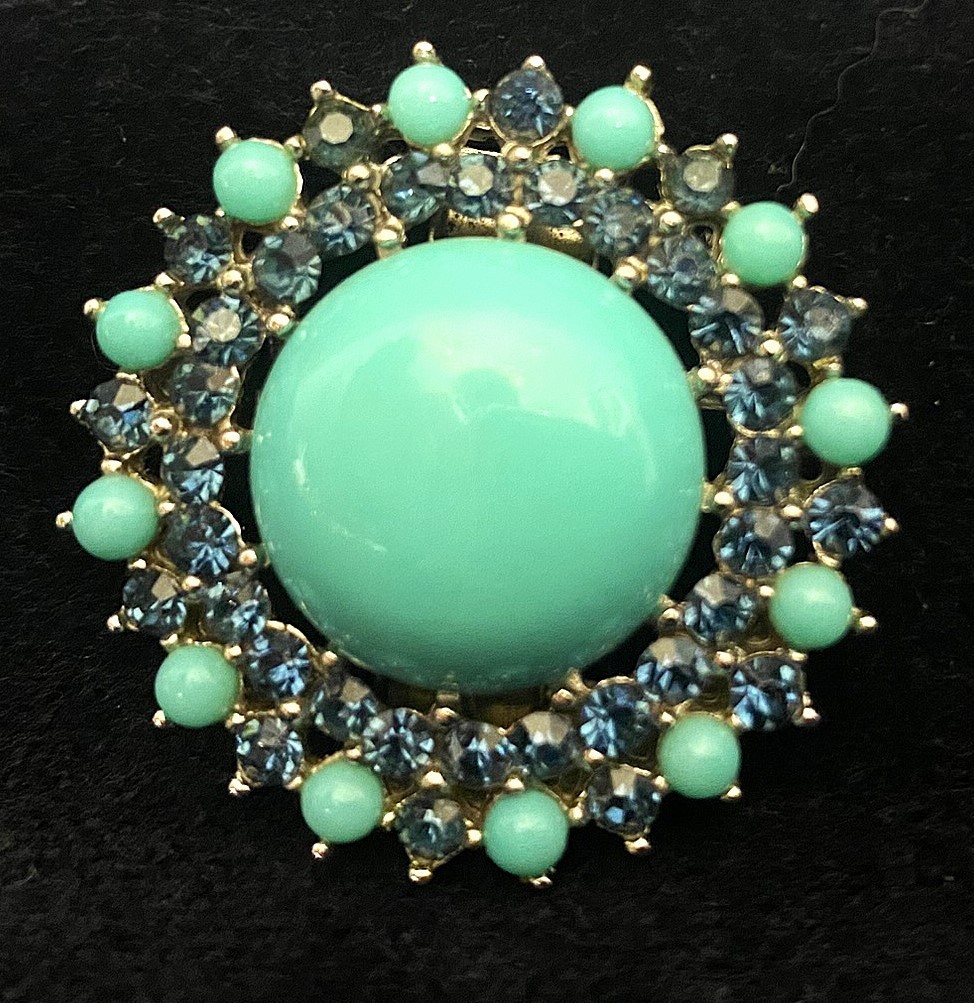 Vintage, Signed, Trifari Costume Jewelry Brooch Faux Turquoise Blue Rhinestones