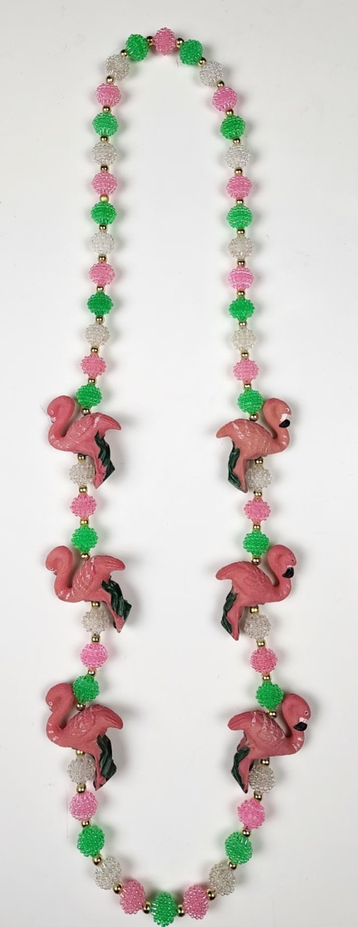 VTG Pastel Resin POPCORN Beaded Flamingo Necklace Pink Green FUN witty Wear