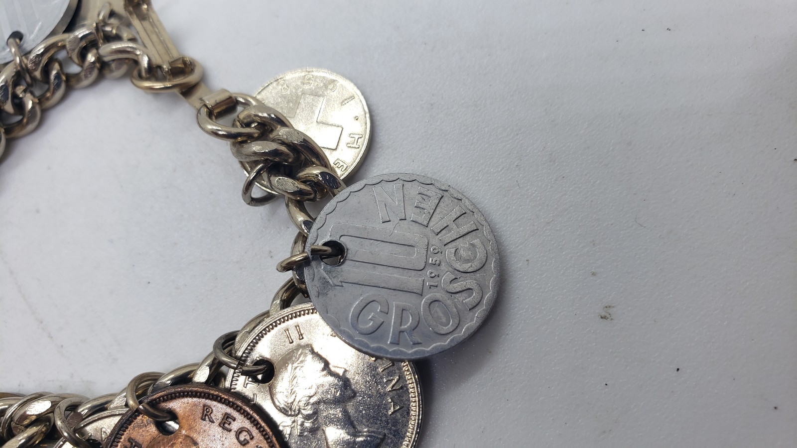 Vintage Coin Charm Bracelet Souvenir Mixed Coins Queen Elizabeth Regina Collect