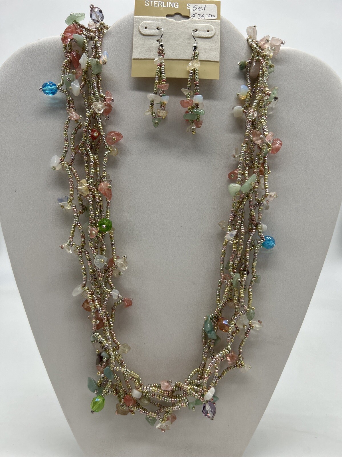 VTG Multicolor Cascade Necklace Woven Bead Crystals w/ 925 Earrings – Guatemala