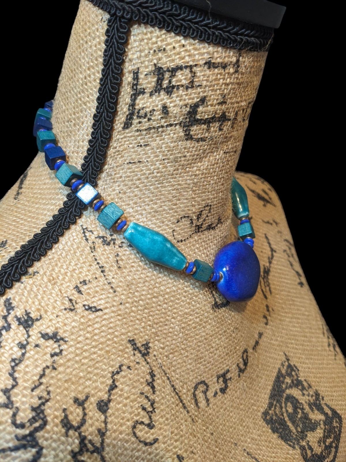 Vintage Miriam Haskell Blue Green Ceramic Wood Egyptian Revival Choker Necklace