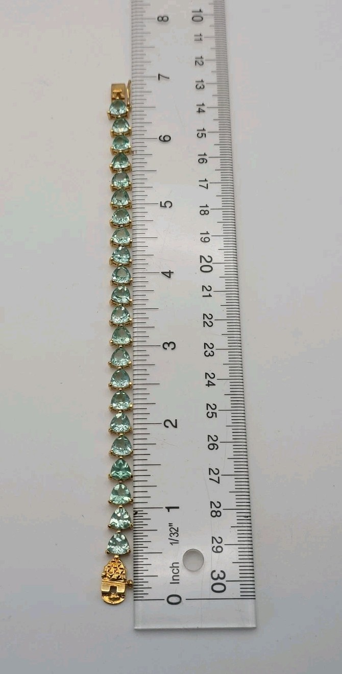 Aqua Blue Green Gold Vermeil Trillion Cut Faux Aquamarine Tennis Bracelet 6.75″