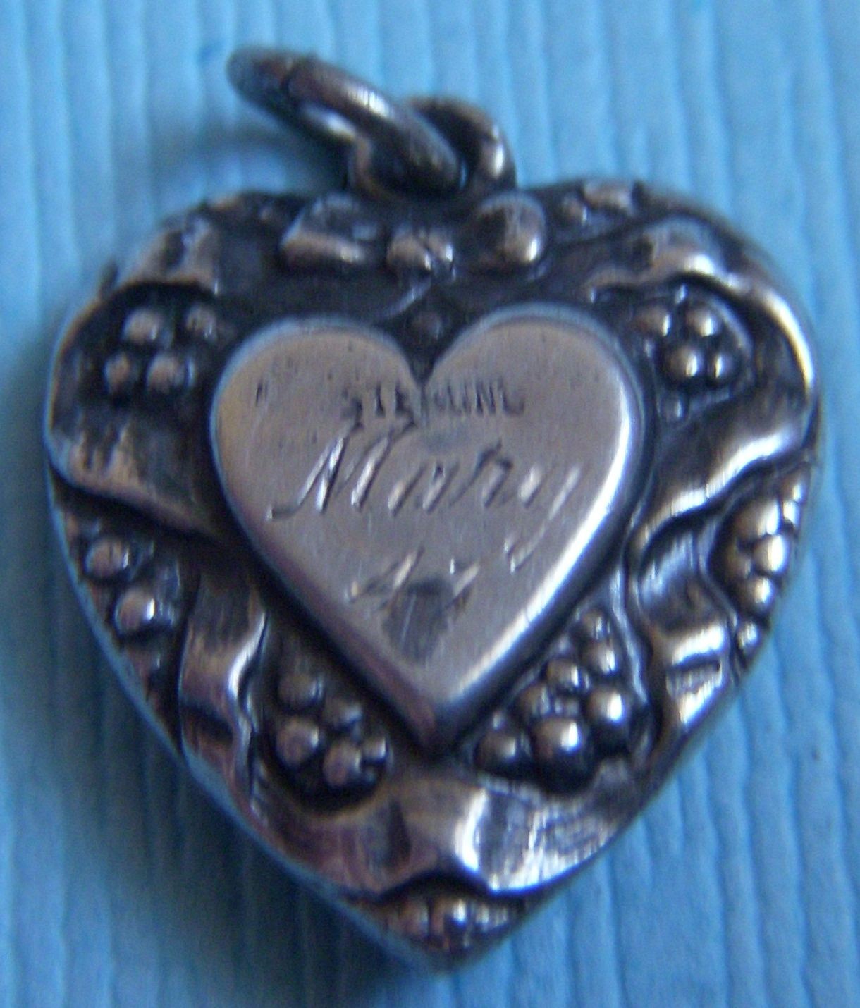 Vintage bow and ribbons turquoise heart “Mary” sterling charm
