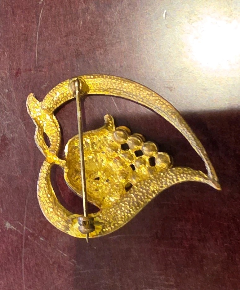 Vintage Gold Tone Tulip Grape Cluster Rhinestone Brooch Pin Enamel Crescent