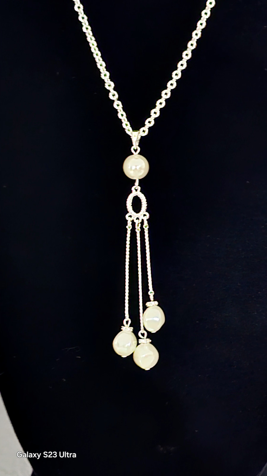 SAQ BAROQUE white pearl chain necklace silver tone 13″ with pendent