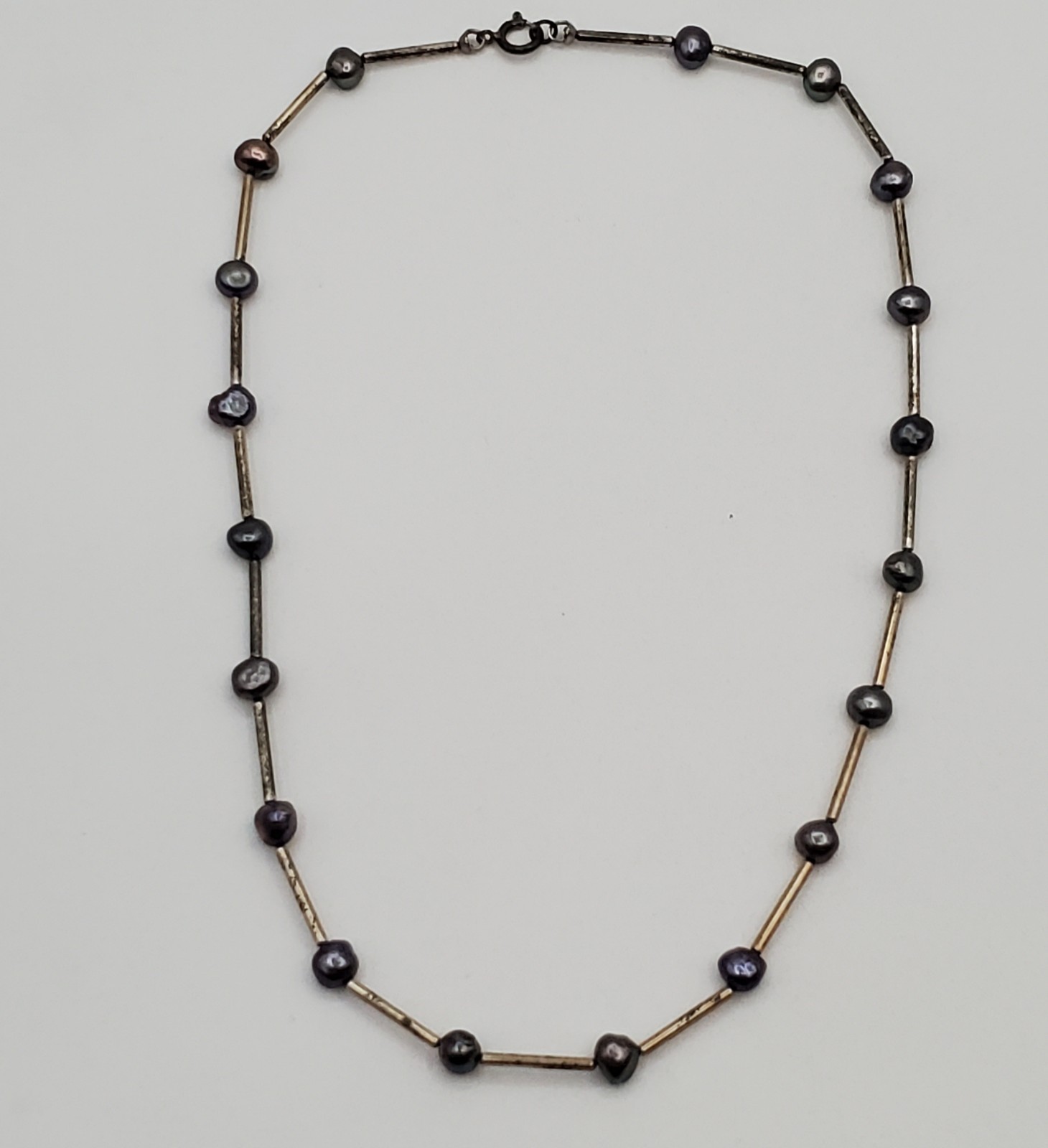 VTG 925 Peacock Pearl Necklace 16in Sterling Silver Bar Links 7g Gray Station