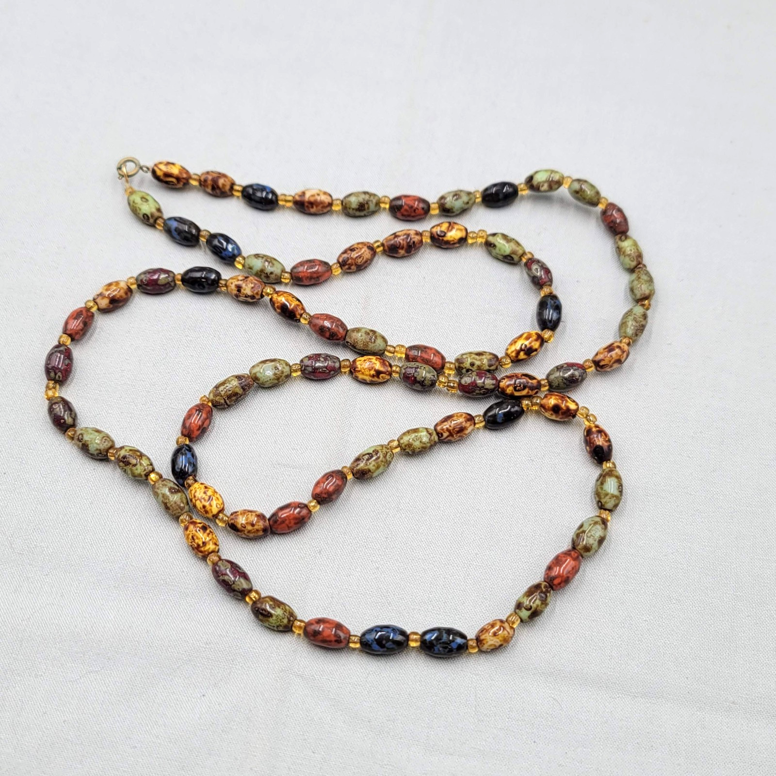 Vintage Multicolor Earth Tones Beaded Necklace Gold tone 40″