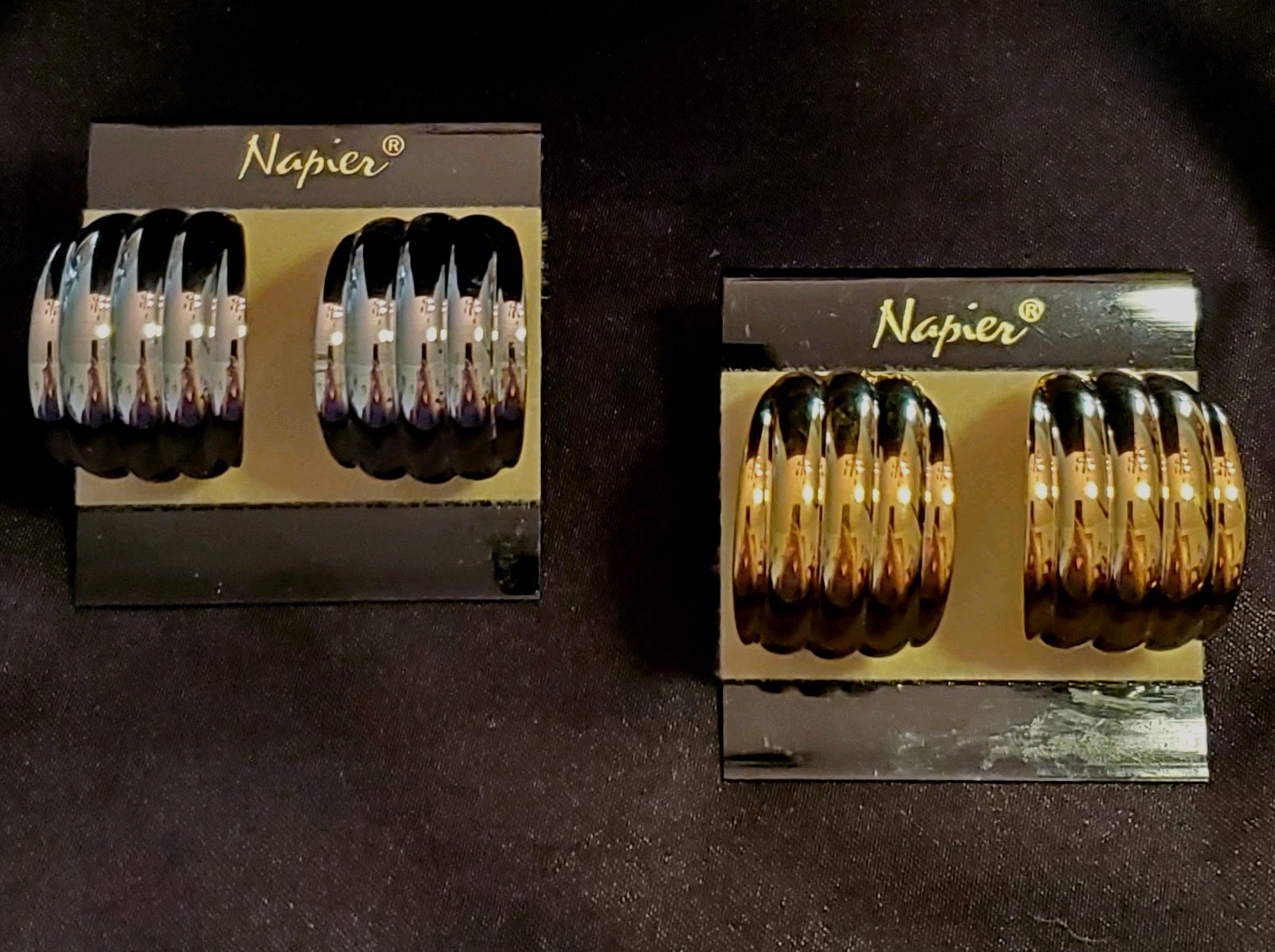 NAPIER Vtg Earring Set, Adjustable Clip- on Hoops, 1 Silver & 1 Gold, Embossed