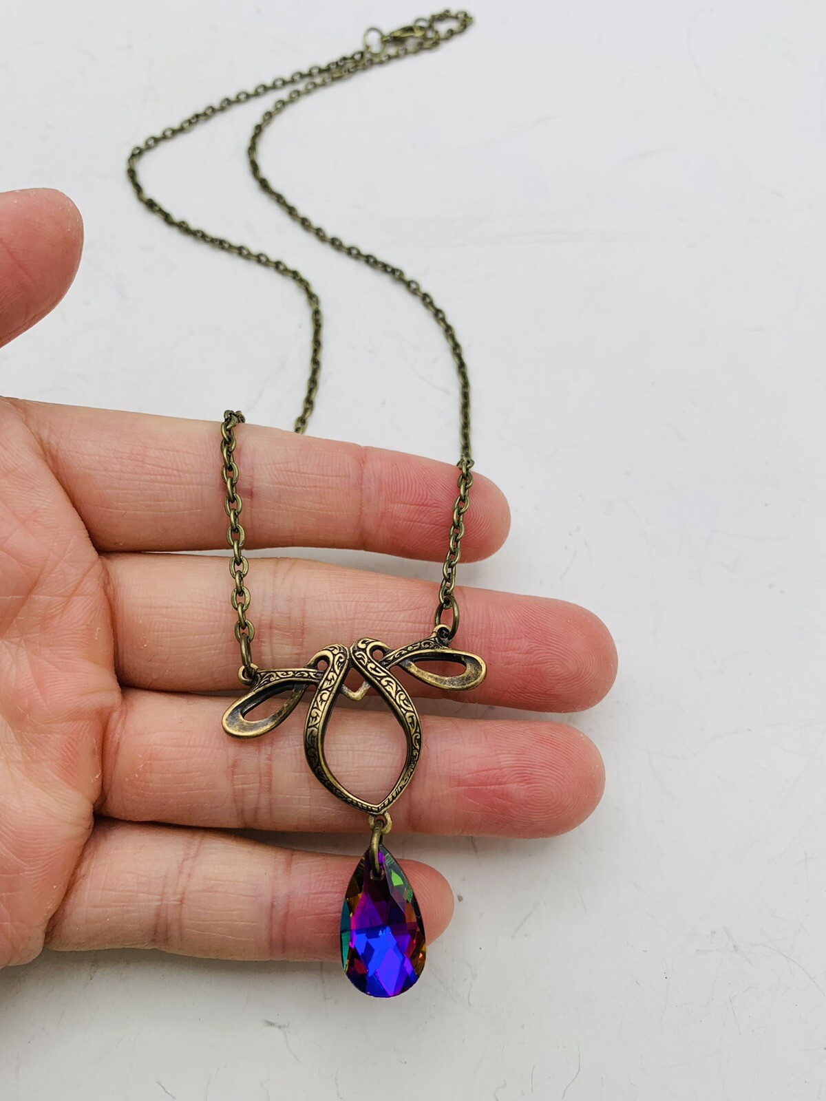 Vintage Style Art Nouveau Bronze Tone Rainbow Teardrop Bead 18 in Necklace
