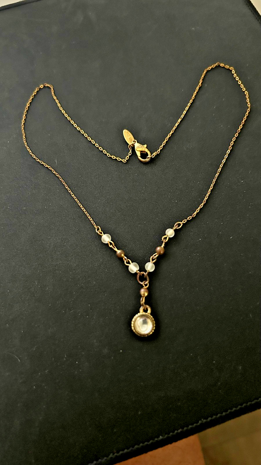 e Stag Gold-Tone Necklace – Frosted Lucite Beads & Faux Pearl Cabochon Drop