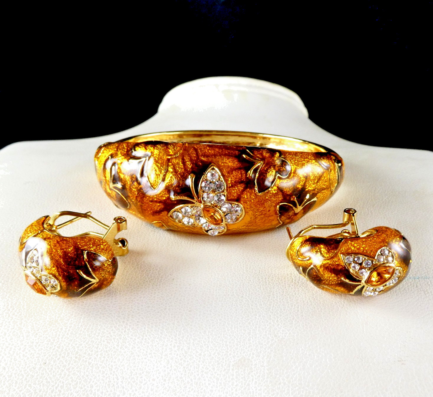 Bracelet & Earrings SET Orange Enamel Crystal Butterfly Fall Colors Signed FL