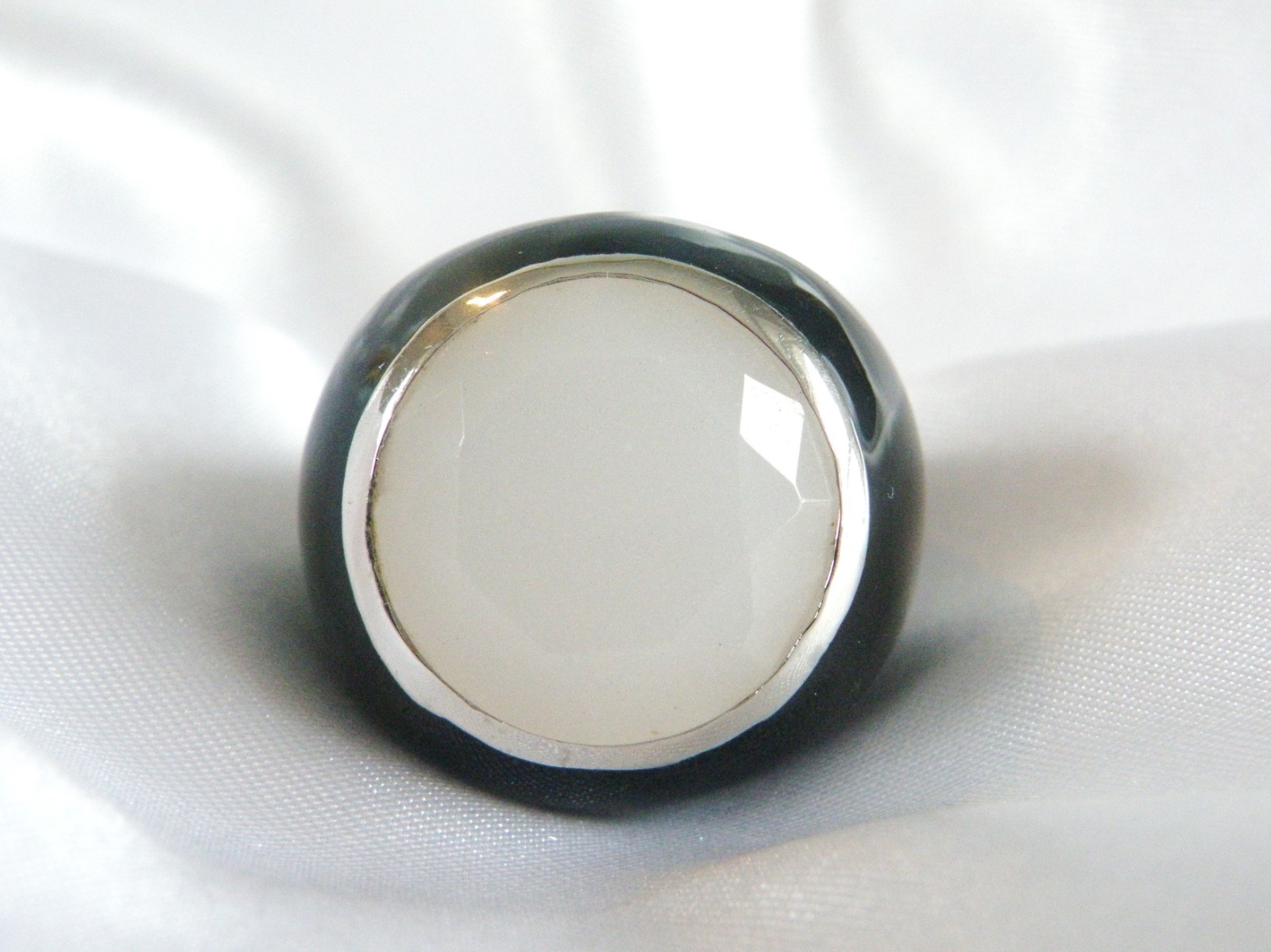 Vintage Sterling Silver 925 Quartz Black Enamel Bubble Statement Ring Size 8