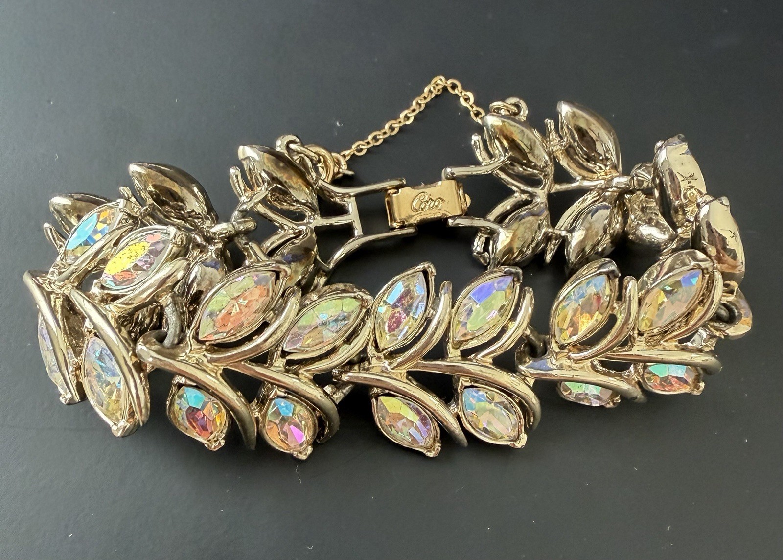 Vintage Coro Signed Clear AB Rhinestone Leaf Shape Bracelet 7.25″