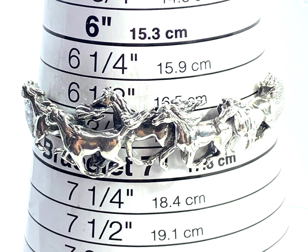 Vintage Sterling Silver 3D Galloping Horses Textured Cuff Bracelet 2 3/8″