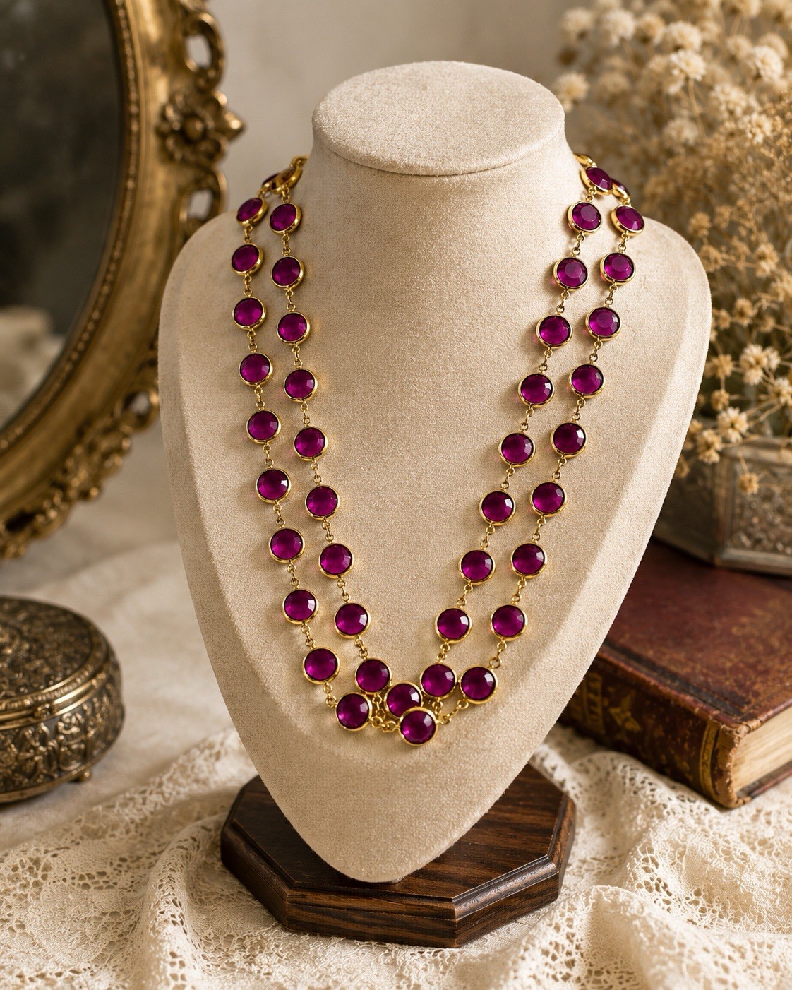 Vintage Swarovski Fuchsia Crystal Station Necklace 36” Gold Tone Open Back Bezel