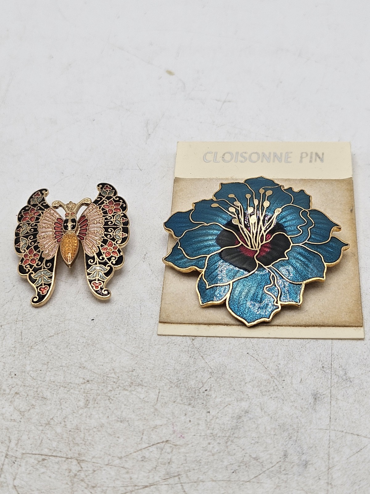 Vintage Cloisonne Brooch Lot Of 2, 1 Flower, 1 Butterfly. Unmarked