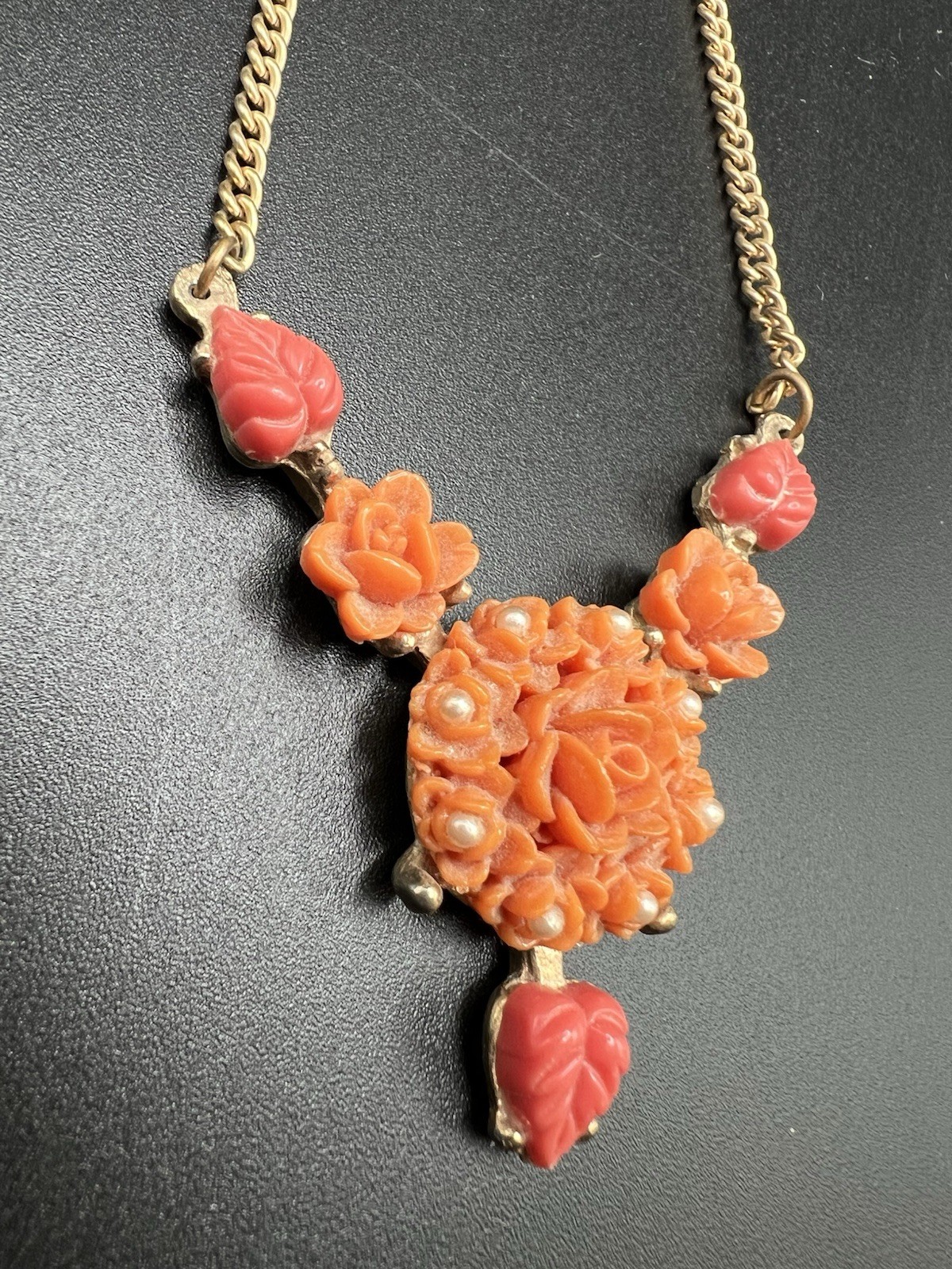 Art Deco Molded/Carved Peach Pink Floral Necklace & Matching Brooch