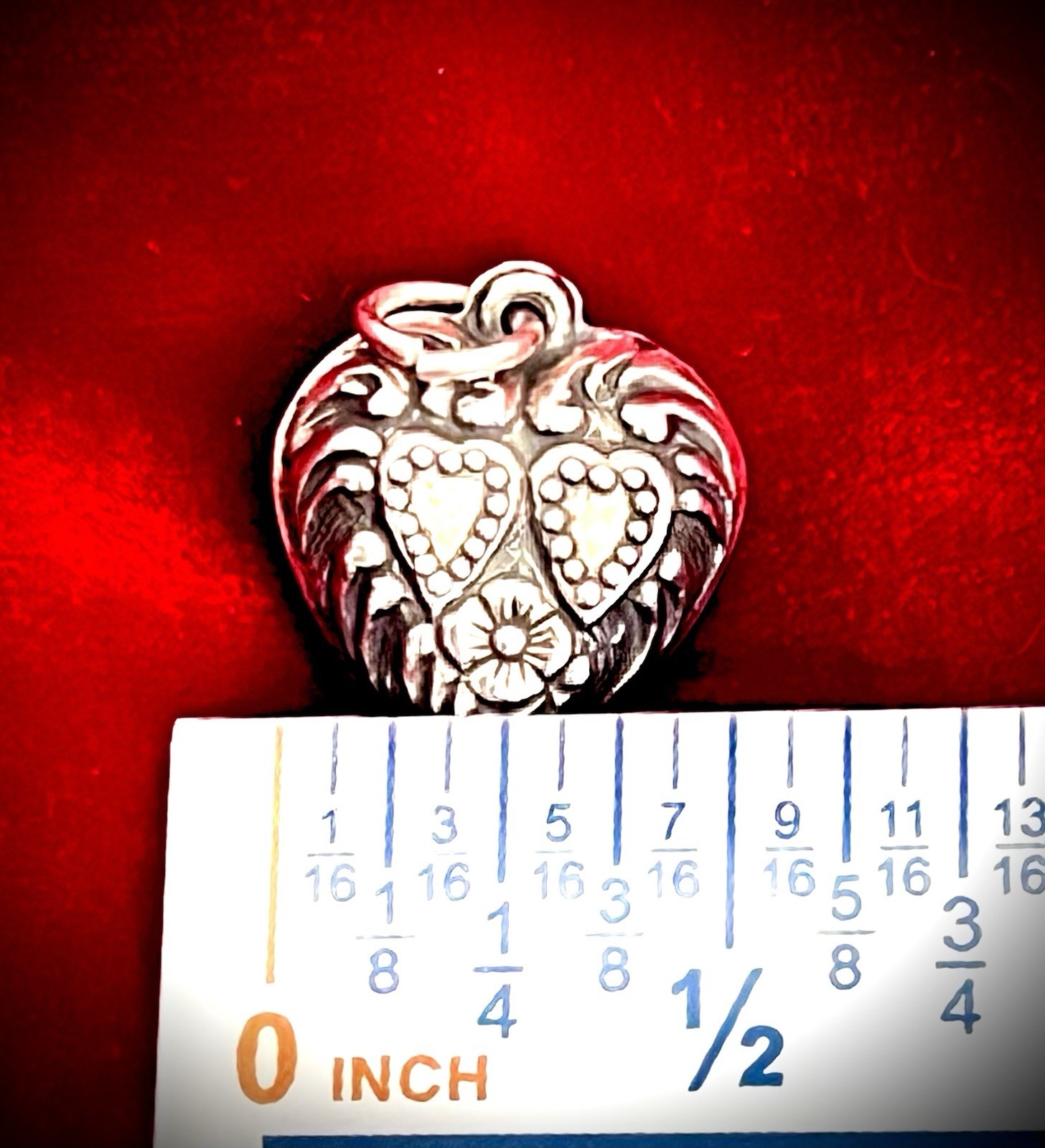 Vintage Charm Sterling Silver 9/16” Heart Pendant~Adorned With Hearts & Flowers