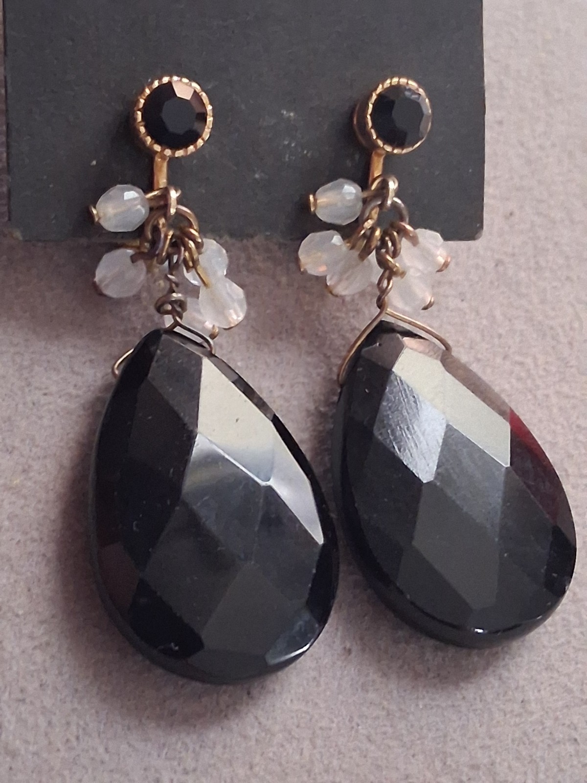 Faceted black glass teardrop stone adjustable clip on earrings w/dangle accents