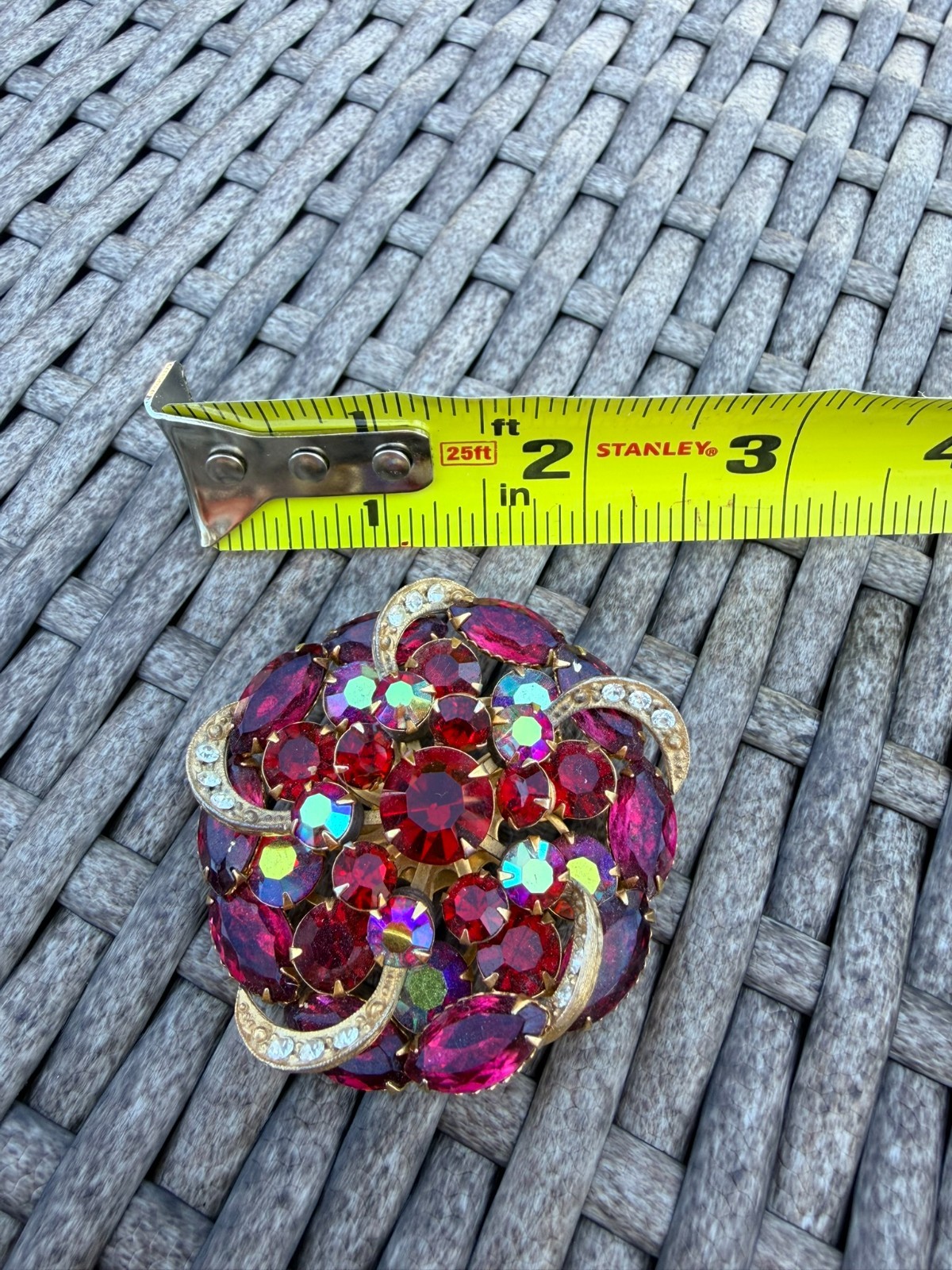 Vintage Ruby Red Fuchsia Navette Rhinestone Domed Brooch Pin Gold Tone AB Accent