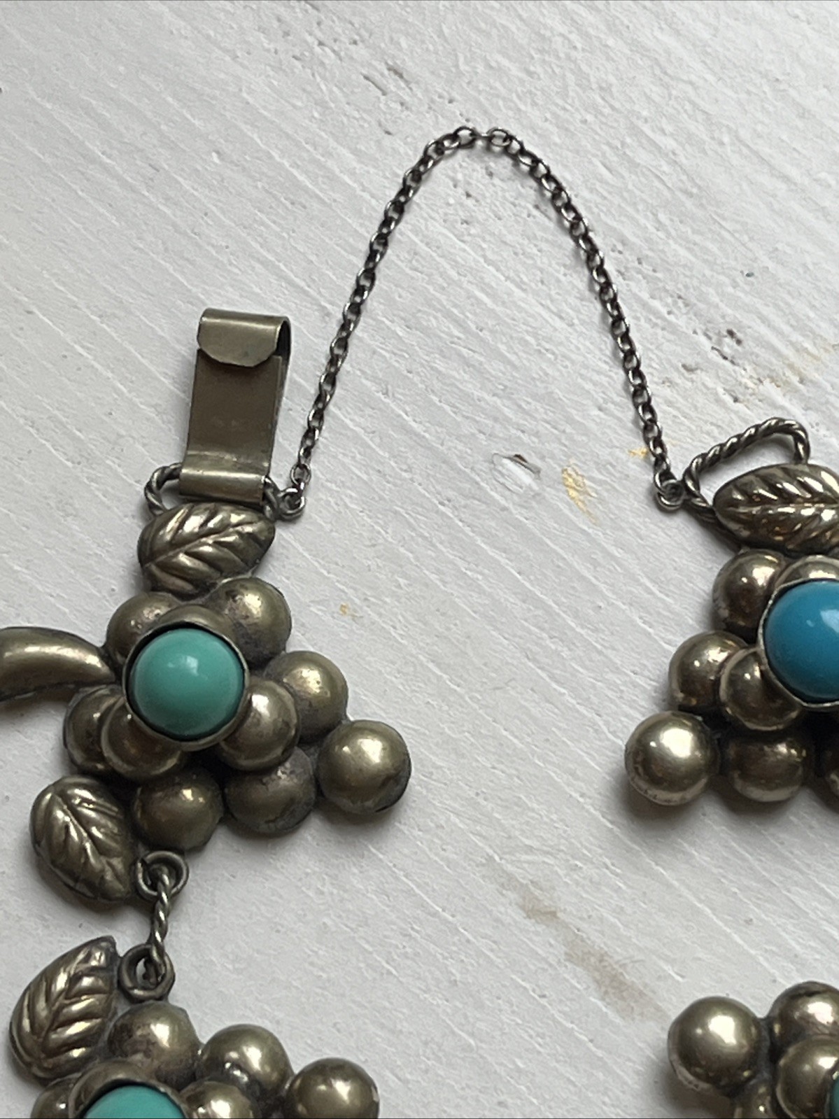 Vintage Mexico Sterling? Turquoise Blue Cabochon 5 Grape Clusters Bracelet 7 “