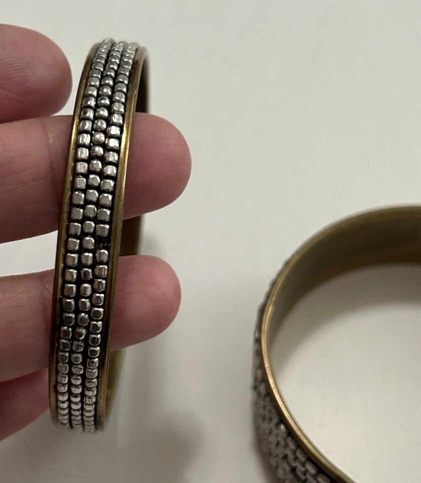 Vintage Silver Tone Metal Beaded Brass Bangle Set Of Two