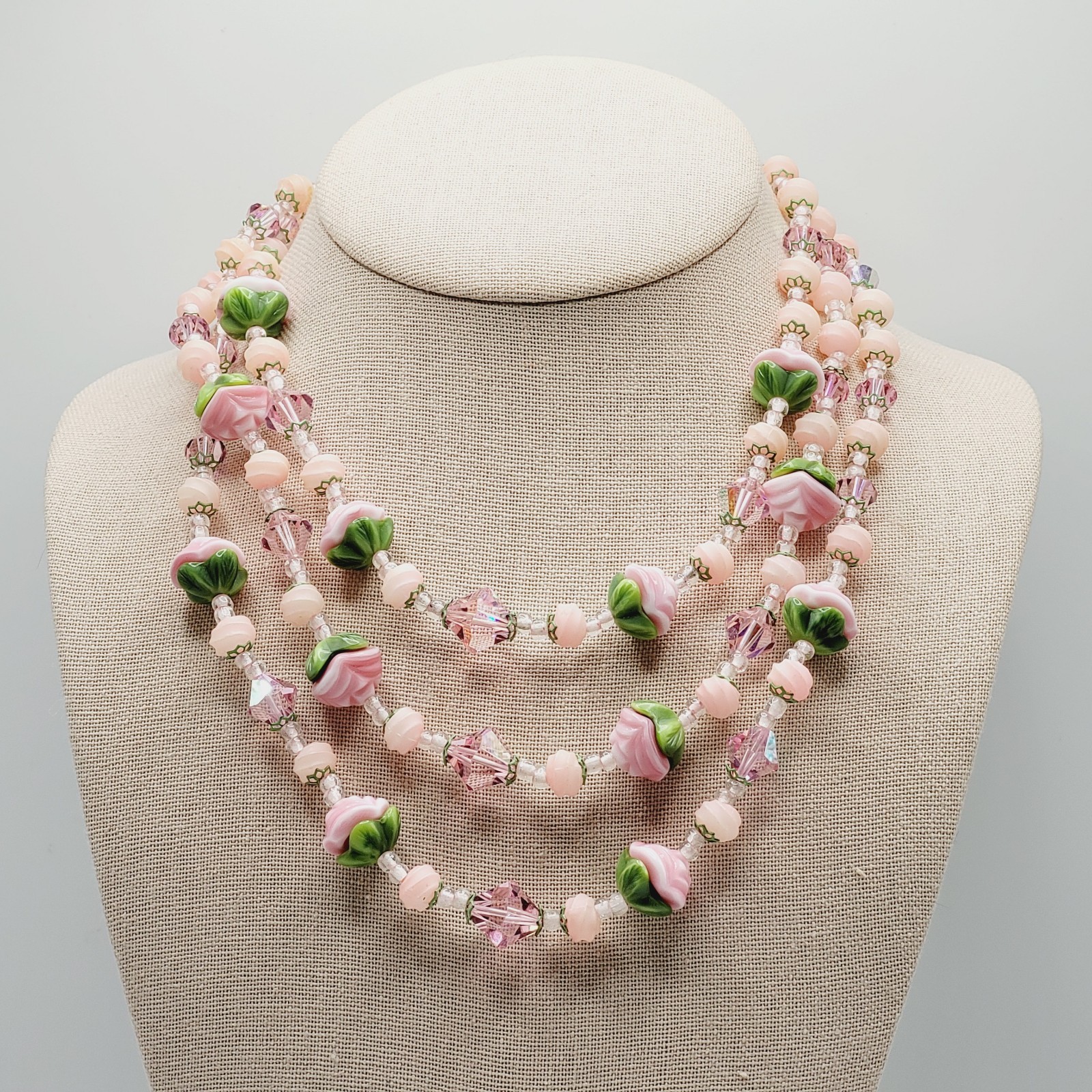 Triple Strand Glass Pink Rosette Green Bottom Rosebuds Bicone Crystal Necklace