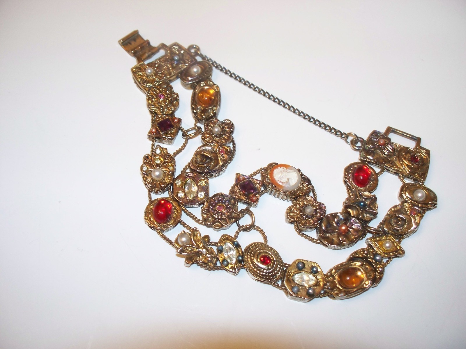 Vintage Faux Jewel Slide Double Row Charm Bracelet Cameo Amethyst Rhinestones