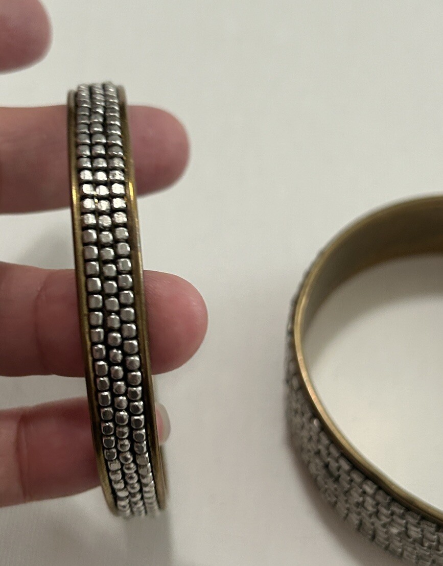 Vintage Silver Tone Metal Beaded Brass Bangle Set Of Two