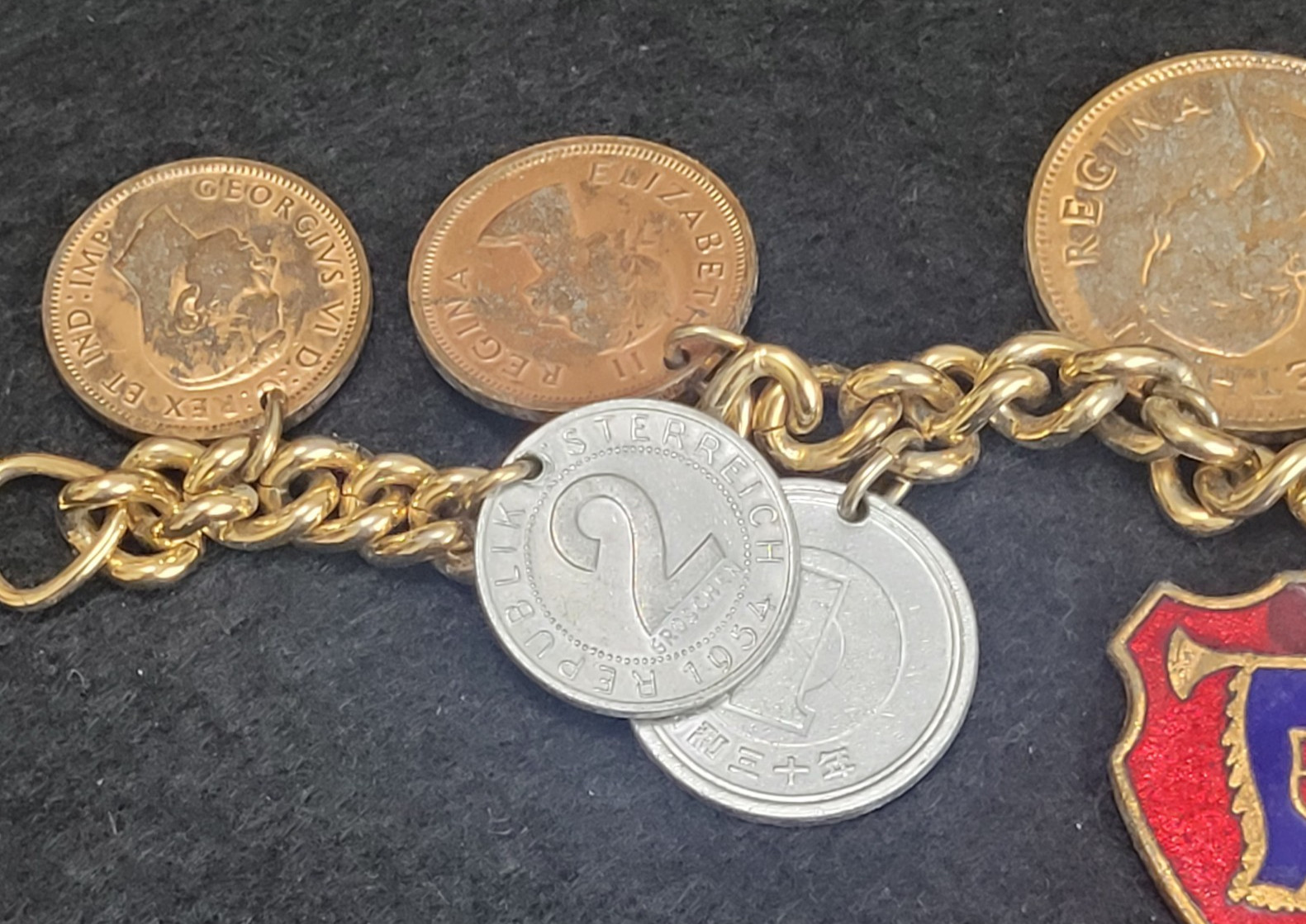 10 1930’s-1950’s Coins World Travel 6” Bracelet Can, Pak, Aut, Zaf, Jpn and Che
