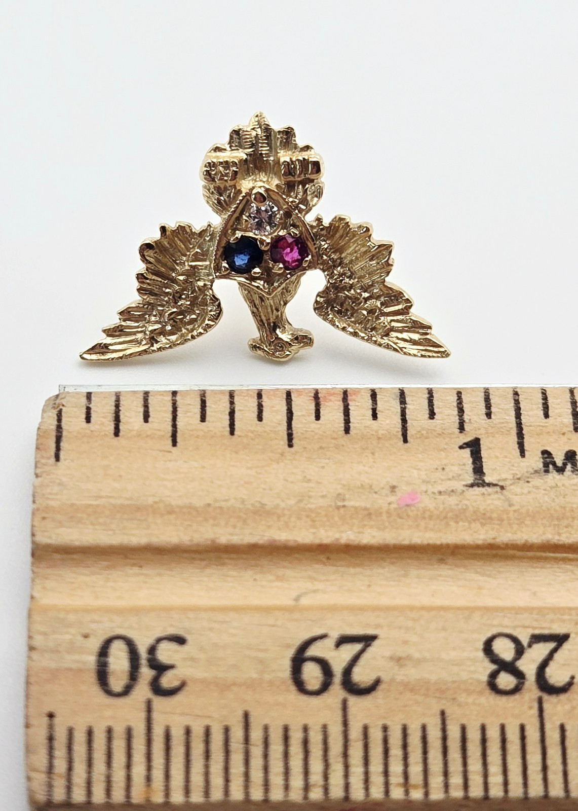 Vintage 14k GOLD Patriotic EAGLE w Ruby Sapphire & Diamond Tie Tack Pin