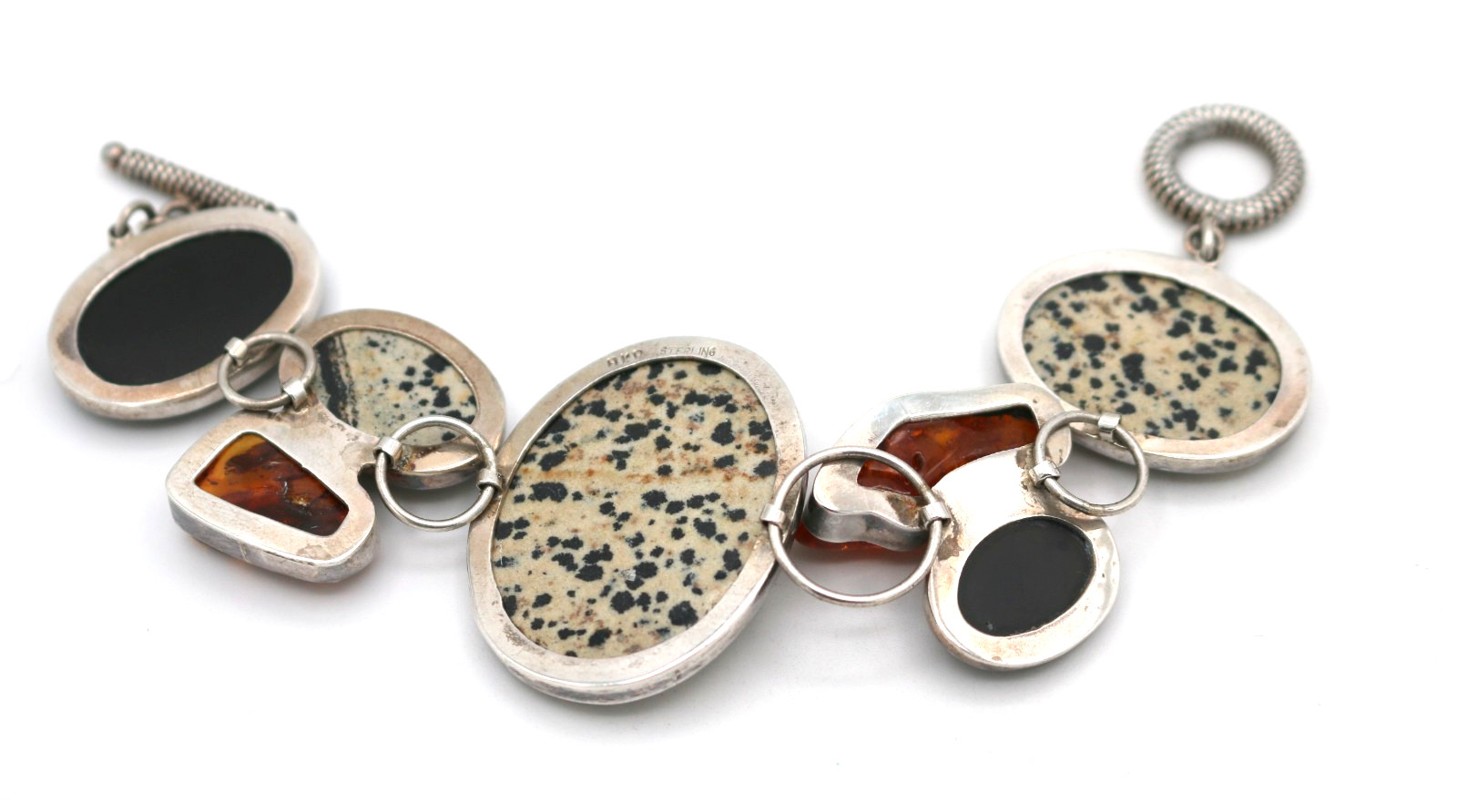 AKR Amy Kahn Russell 925 Sterling Silver Dalmatian Jasper, Amber & Onyx Bracelet