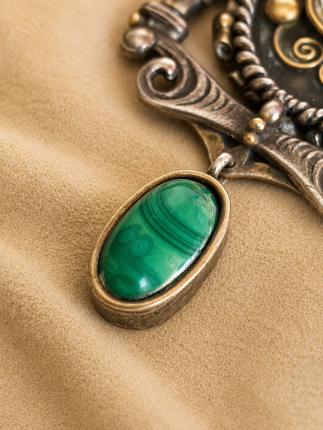 Antique Gold Silver Religious Pendant Virgin Mary Malachite Large Rare