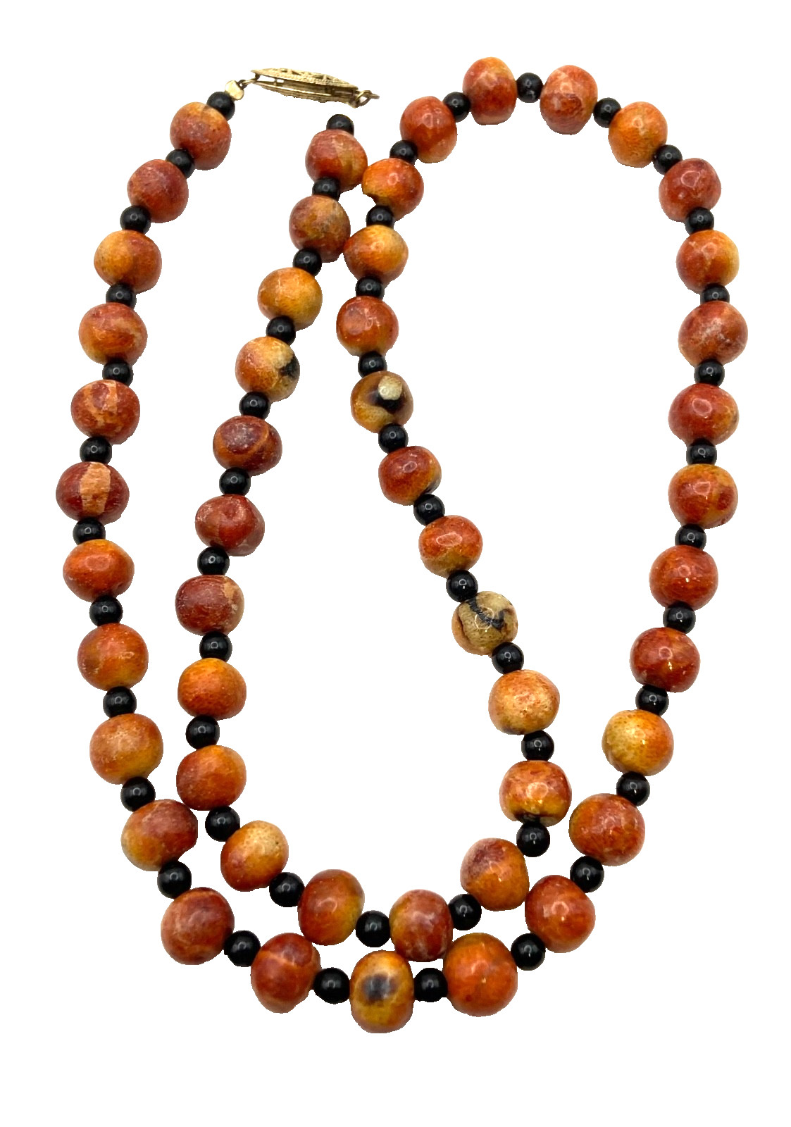 Vintage Apple Sponge Coral Red/Orange Beaded Necklace Black Agate? Gold Tone 24″