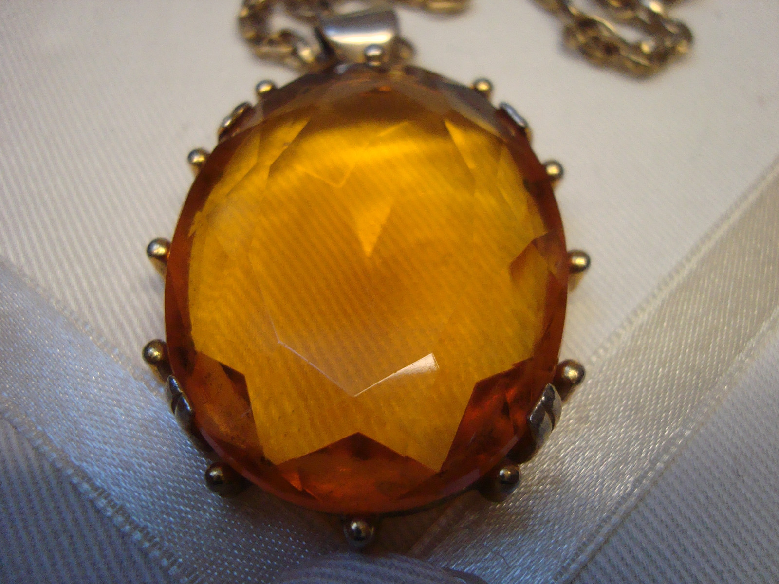 ANTIQUE CUSHION CUT CZECH GLASS PENDANT & CHAIN – FACETED TRANSPARENT TOPAZ