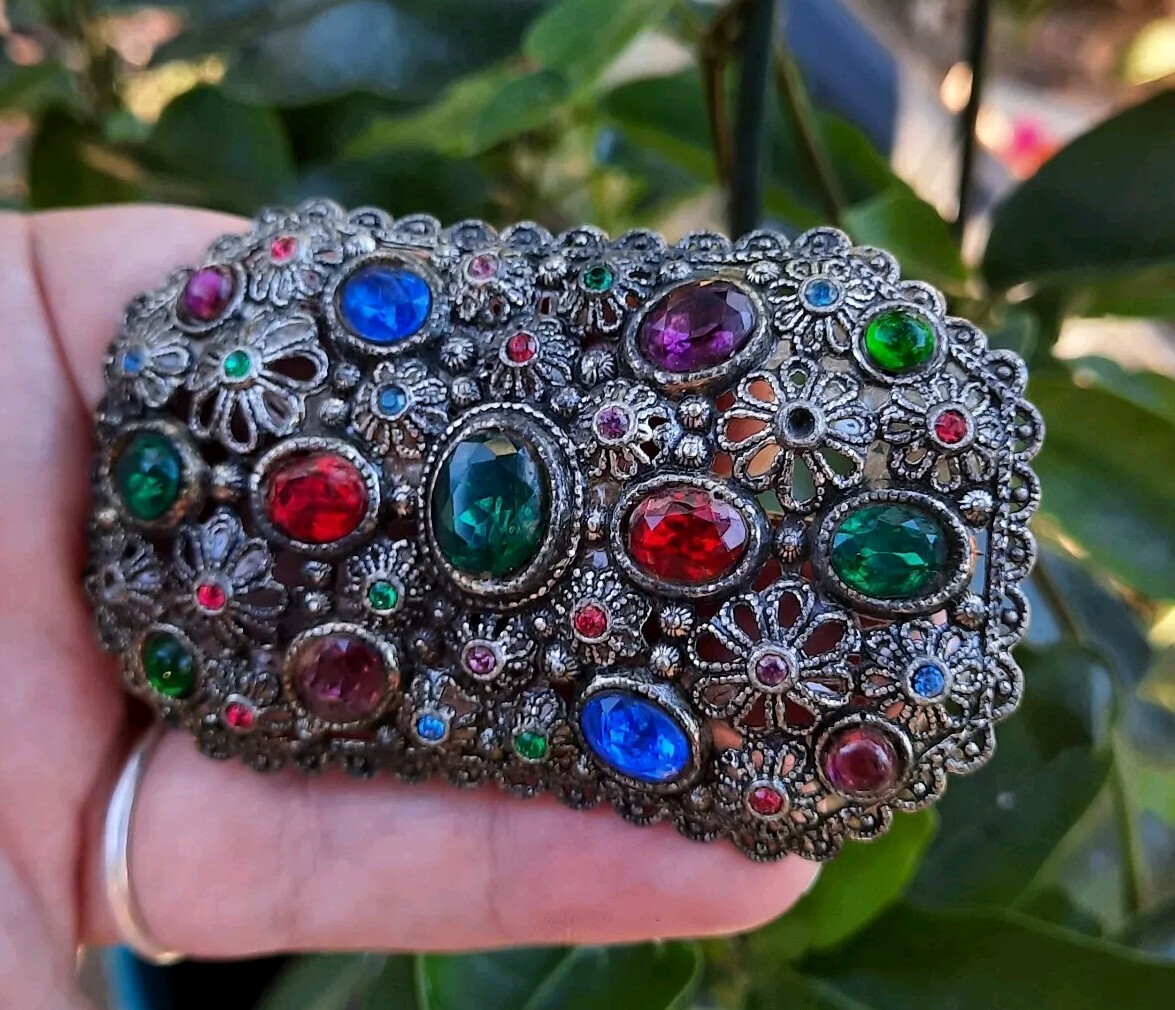 Vtg New England GlassWorks Brooch Filigree Flowers Jewel Colors Faceted READ
