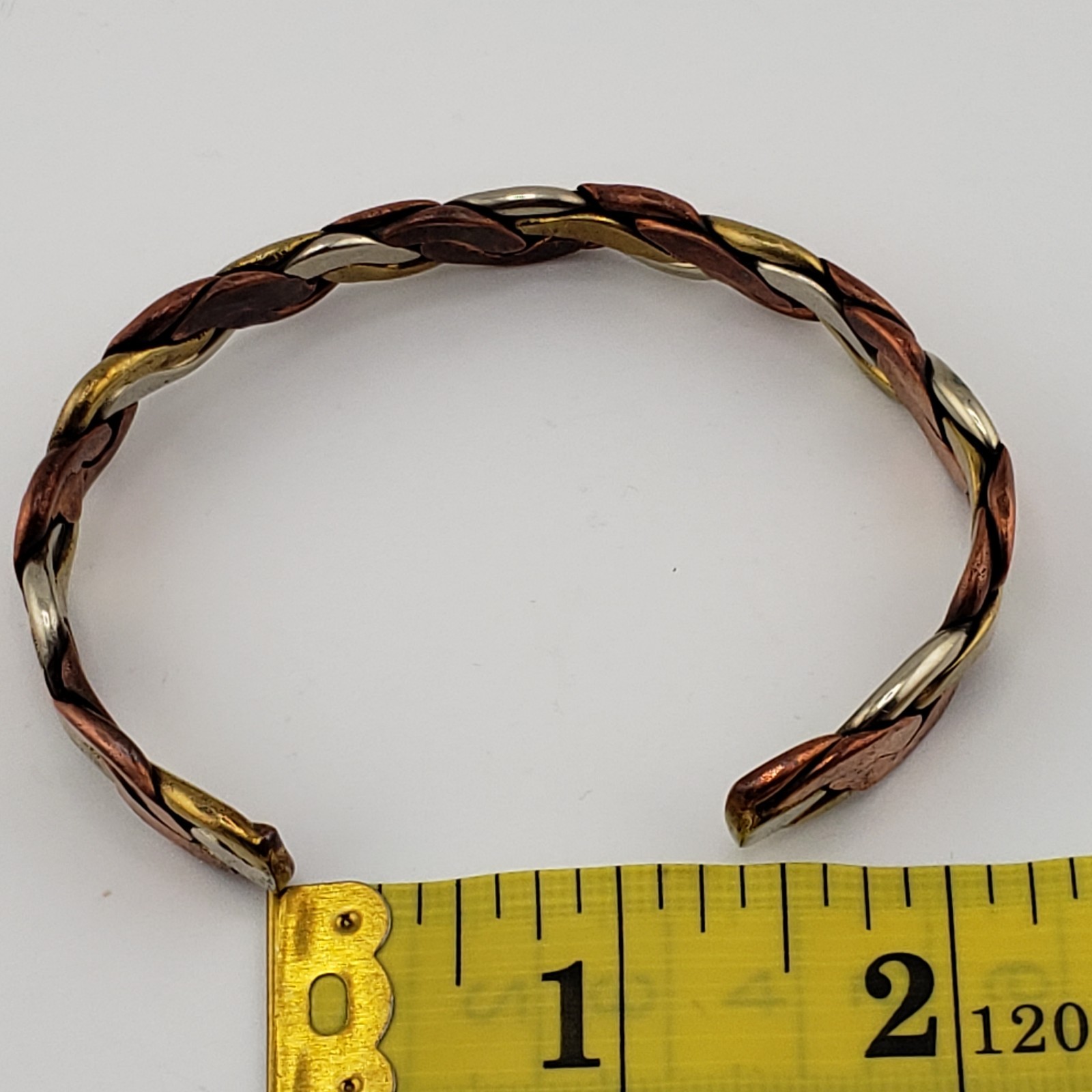 Vintage Tri Color Mens Cuff Bracelet Copper Brass Silver Tone Twist Braid