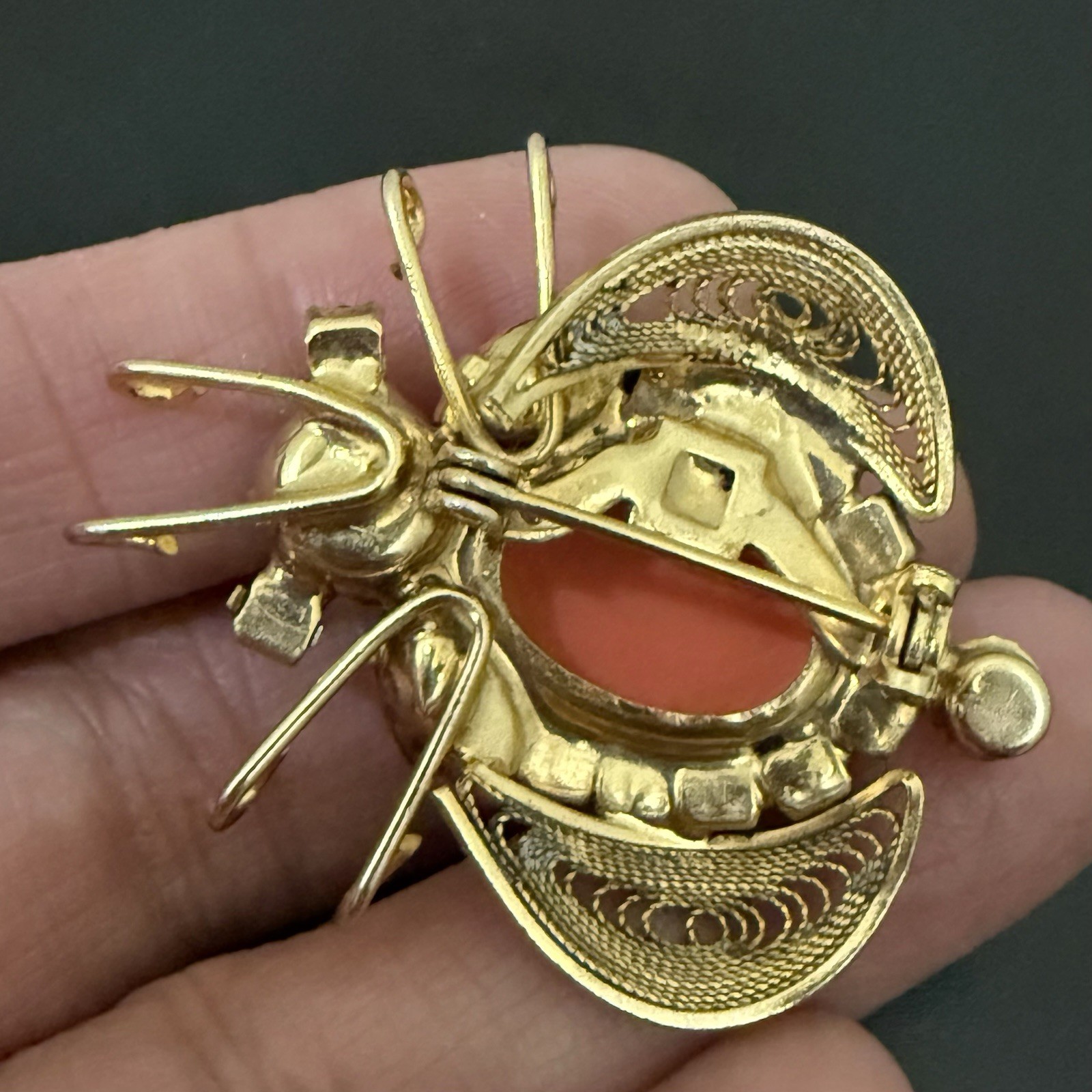 Rare Juliana Delizza & Elster Faux Coral Cabochon Rhinestones Beetle Bug Brooch