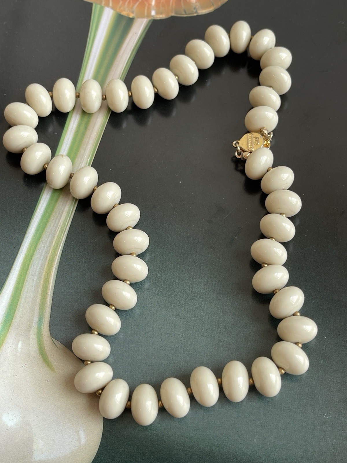 Vintage Les Bernard signed ivory white beaded statement necklace