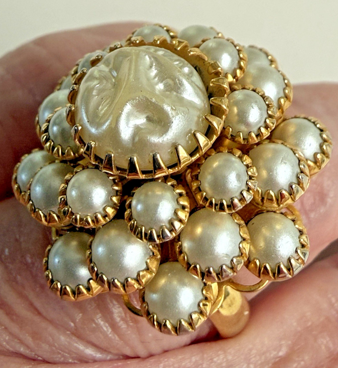 VTG Signed Judy Lee Faux Pearl Dome Cluster Cocktail Ring Adjustable Gold-Tone