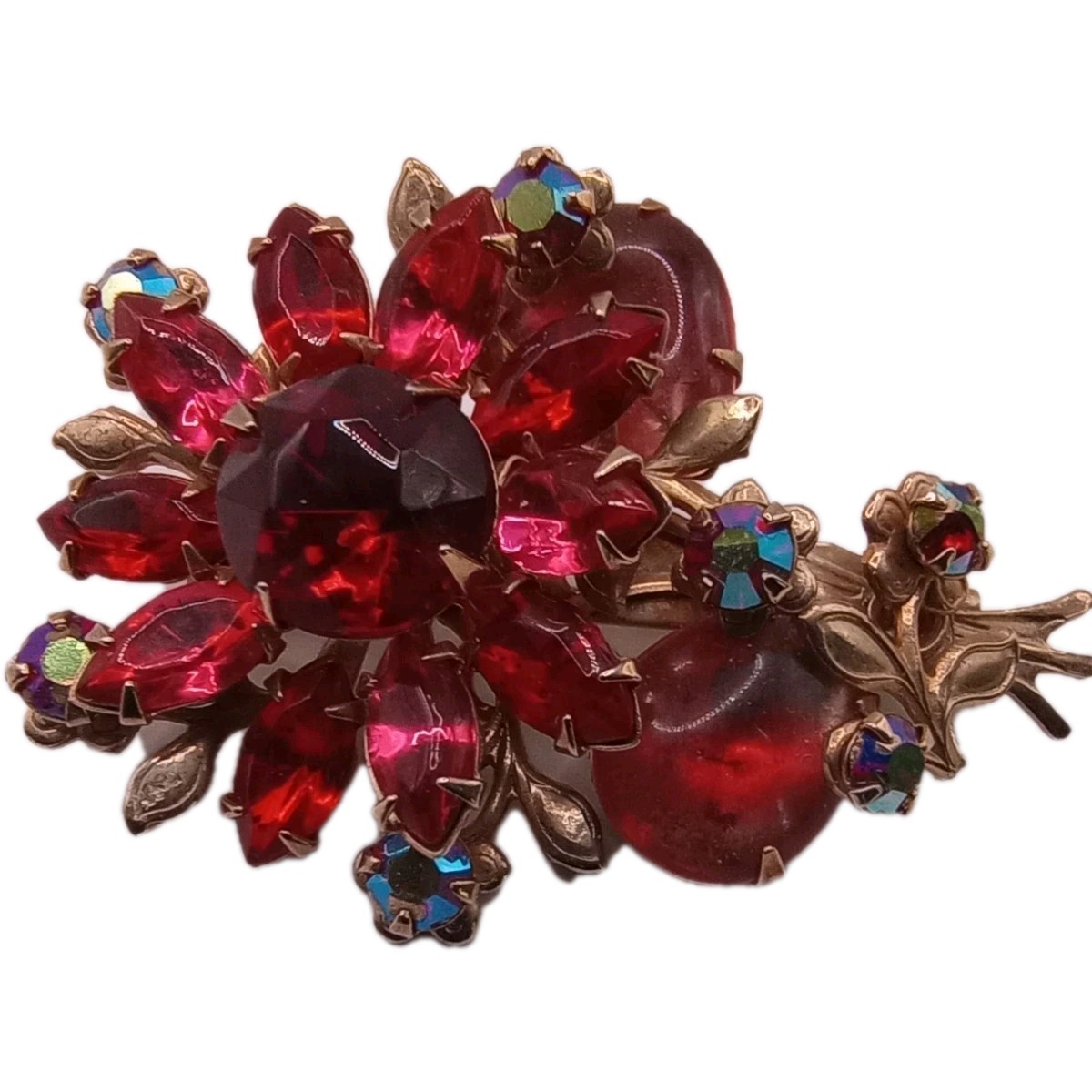 Vintage Ruby Red Floral Rhinestone Brooch Aurora Borealis Accent Pin 2 In