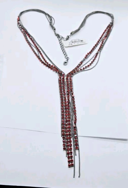 Red & Black Crystal Necklace Fringe Tie Gunmetal Statement 27 in Layered Alfani