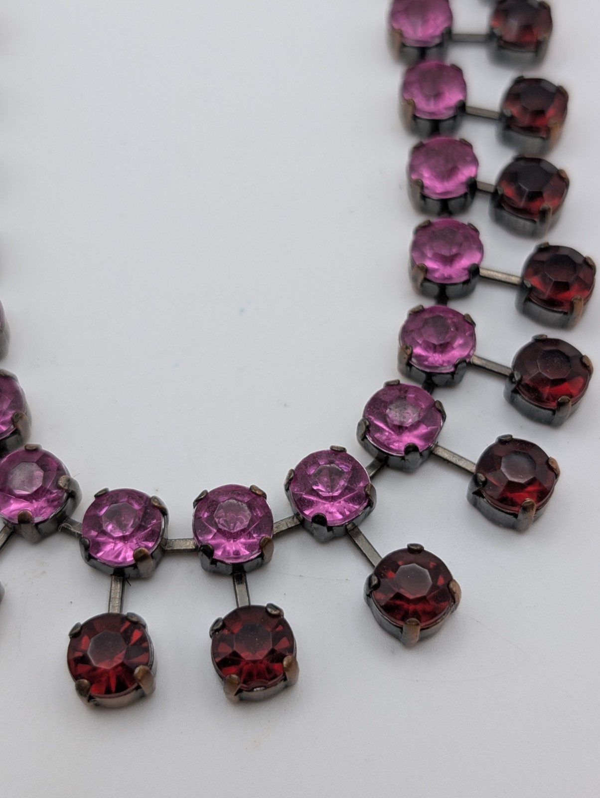 Vintage Rhinestone Fringe Necklace Pink Red Crystal Gunmetal Statement