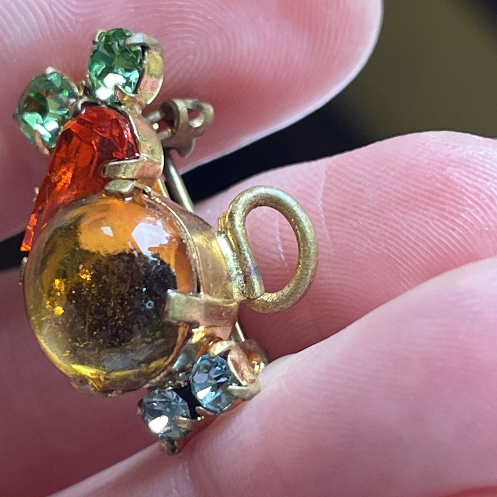 Vintage Made In Austria Mouse Brooch Prong Set Cabochon & Faceted Crystals