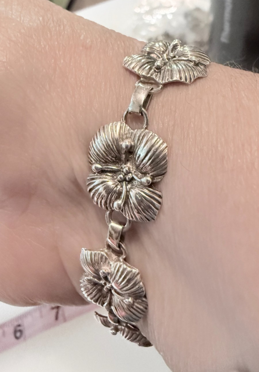 Carol Felley Sterling Silver Flower Link Bracelet 7.25 in Vintage 1988