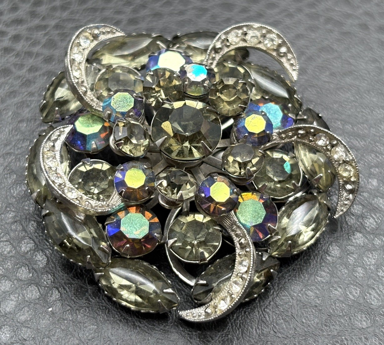 Vintage 2” Silver Tone Prong Set Smokey AB Rhinestone Cluster Statement Brooch